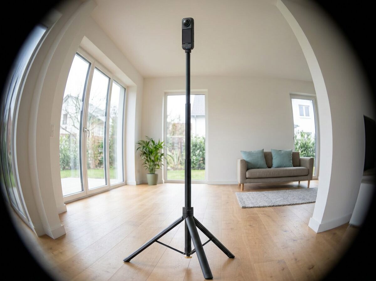 360°-Kamera Insta360 X5 auf schlankem Stativ in einem hellen, modernen Raum mit großen Fensterfronten